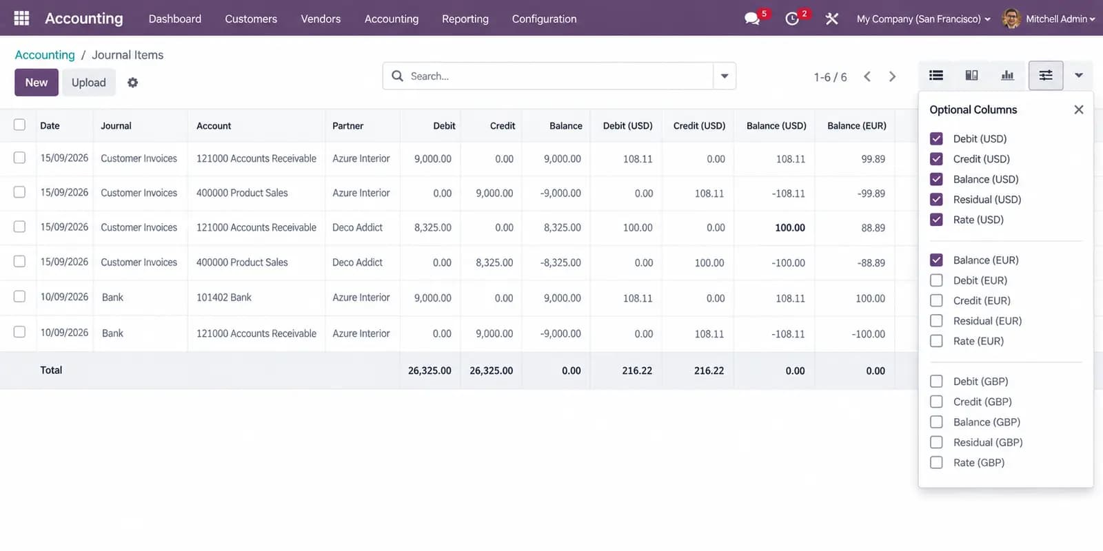 Optional columns picker to show or hide reporting currency columns