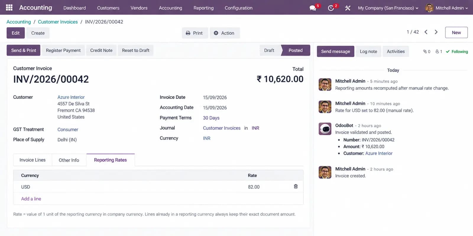 Customer invoice Reporting Rates tab with a manual USD bank rate