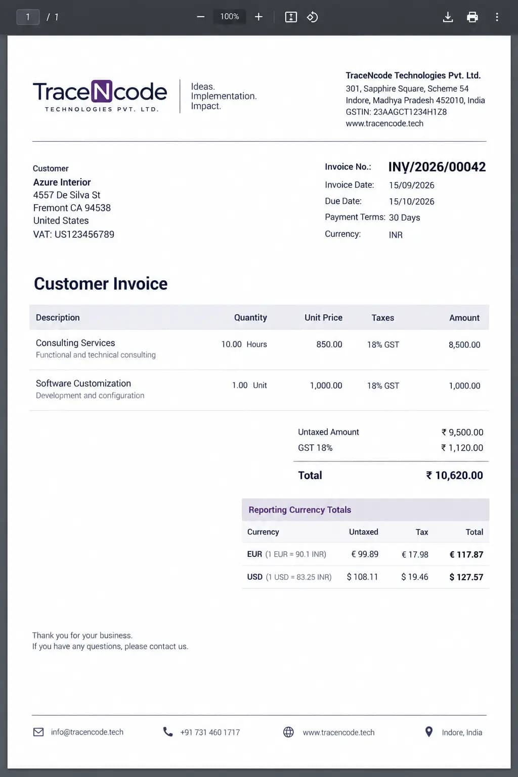 Posted invoice PDF with reporting currency untaxed, tax, and total