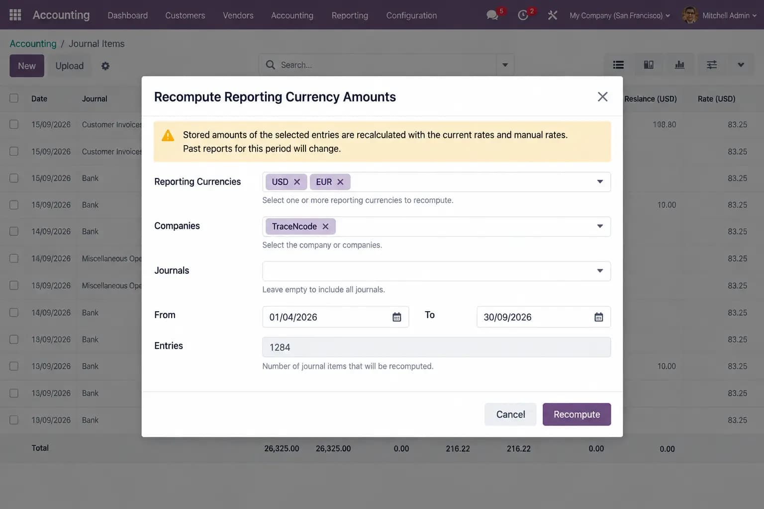 Recompute Reporting Amounts wizard for correcting historical rates