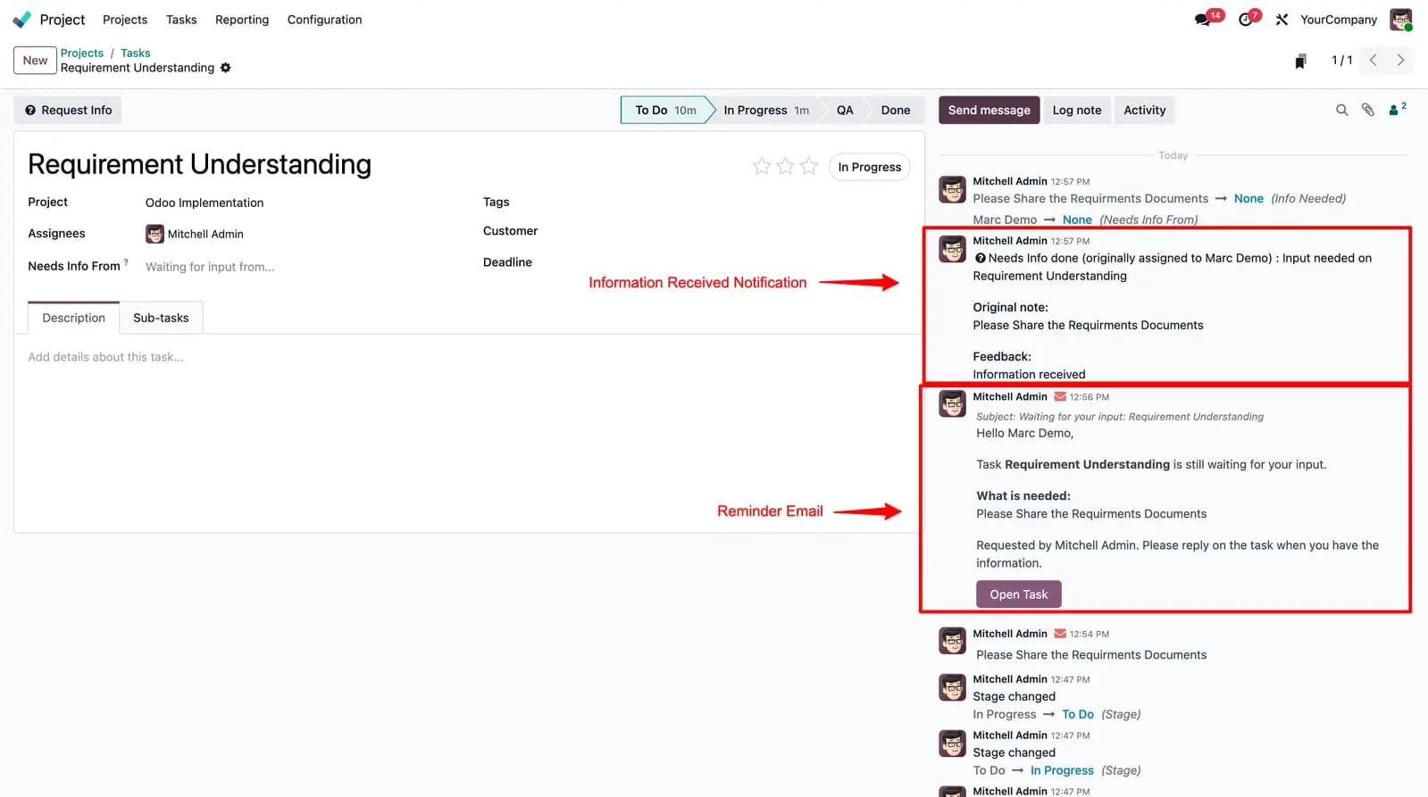 Needs Info notifications and chatter reminders