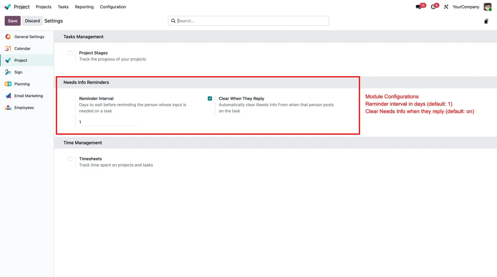 Project settings for reminder interval and auto-clear on reply