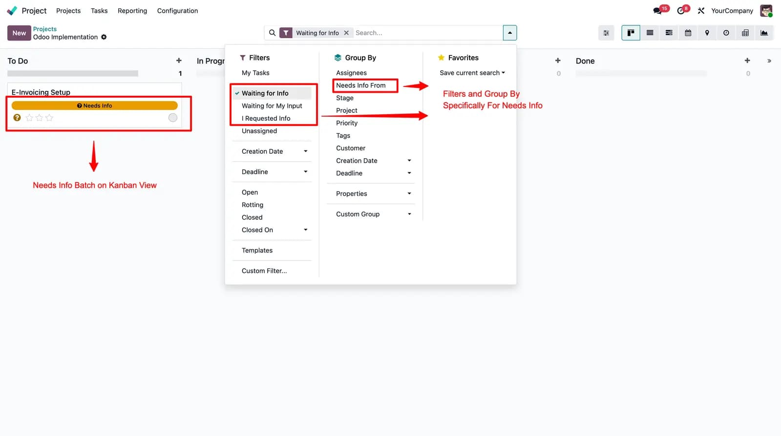 Search filters for Waiting for Info, Waiting for My Input, and I Requested Info
