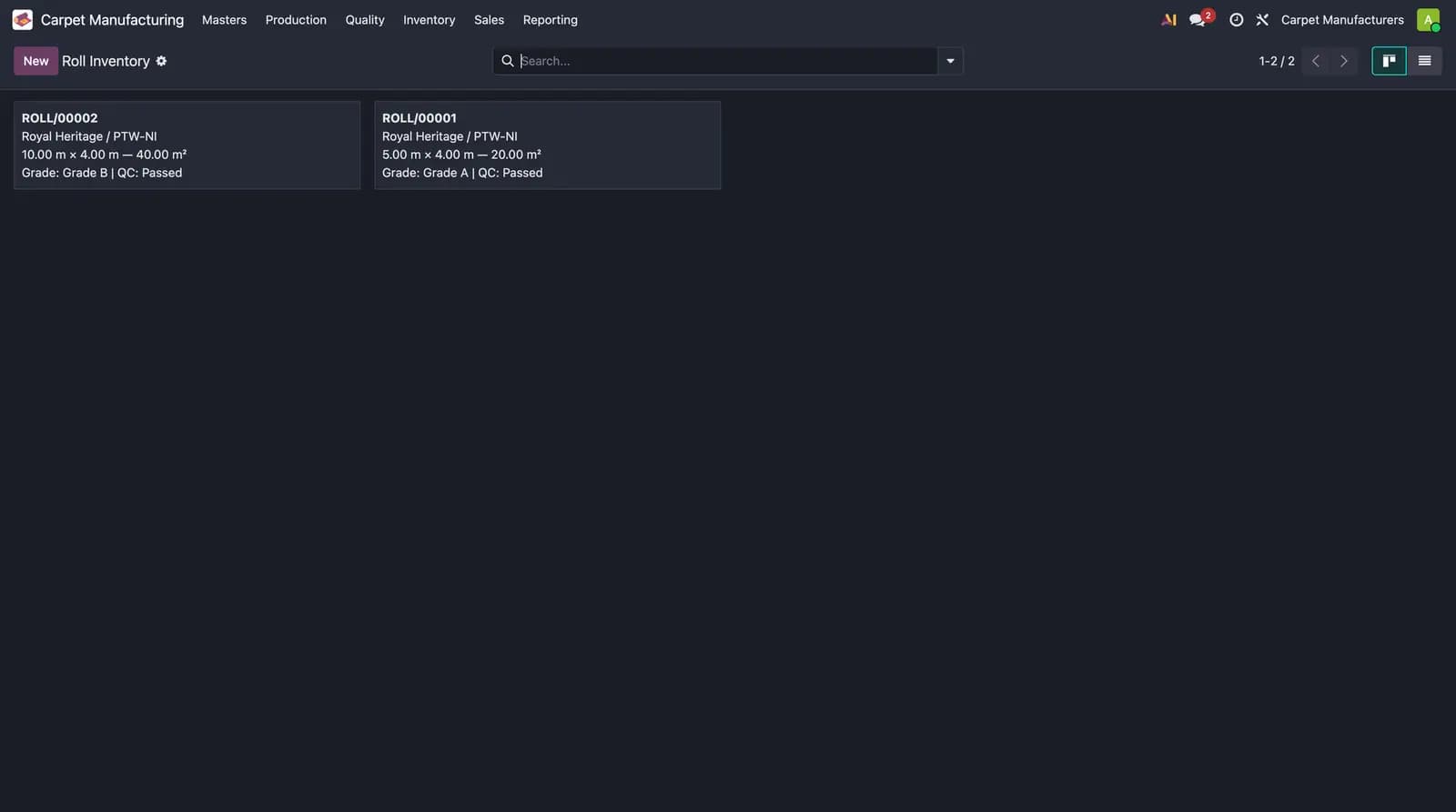 Roll inventory with grades and QC states