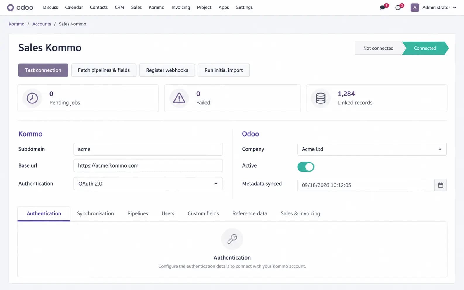 Kommo account in Odoo — OAuth, test connection, webhooks and initial import