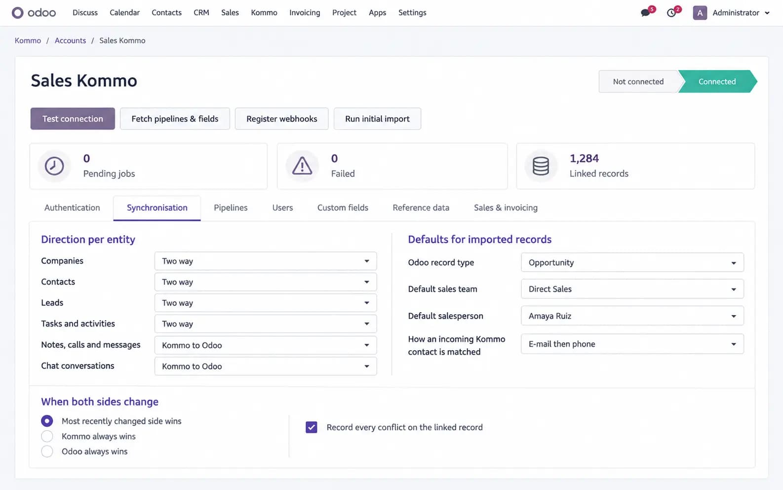 Synchronisation tab — direction per entity, matching rules and conflict policy