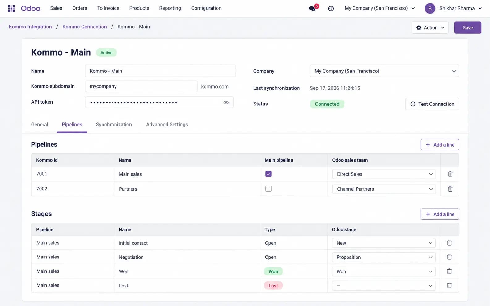Pipeline and stage mapping between Kommo and Odoo CRM