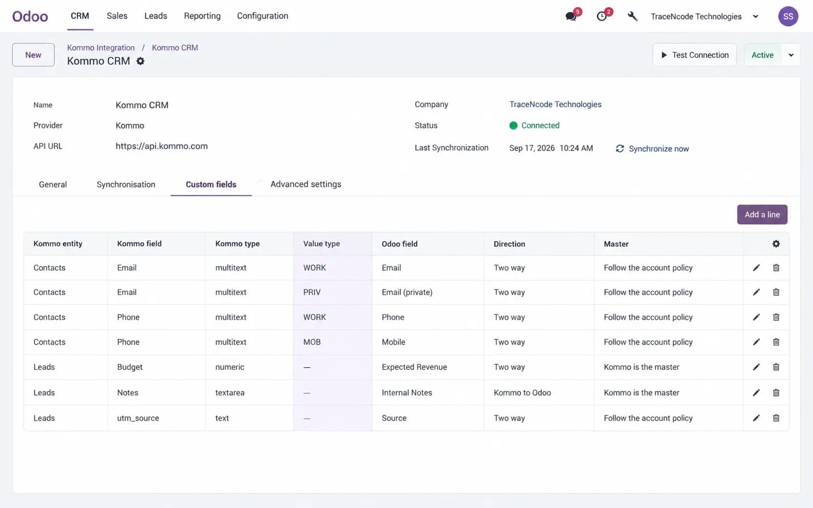 Custom field mapping from Kommo contacts and leads to Odoo fields