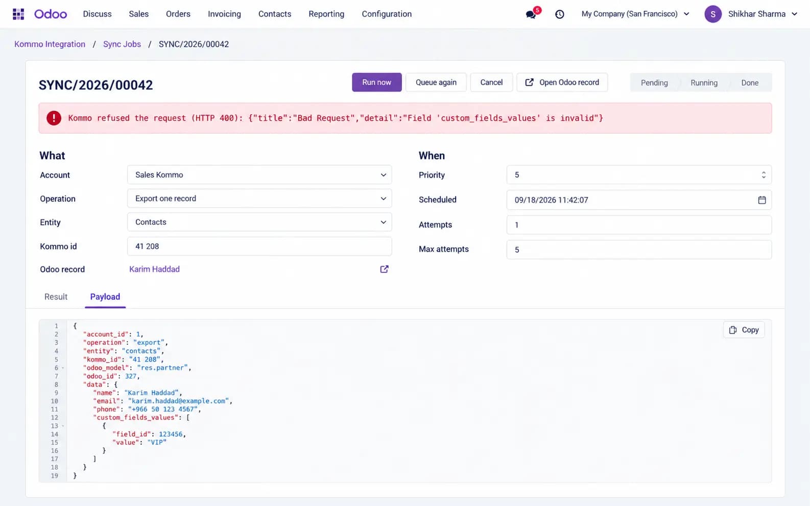 Failed sync job with Kommo error and JSON payload
