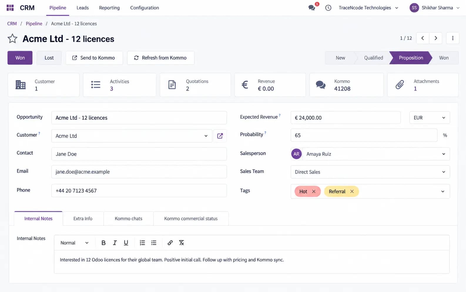 Odoo CRM opportunity with Send to Kommo and Refresh from Kommo