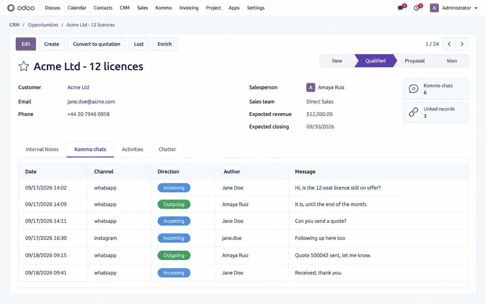 Kommo chats mirrored on the Odoo lead