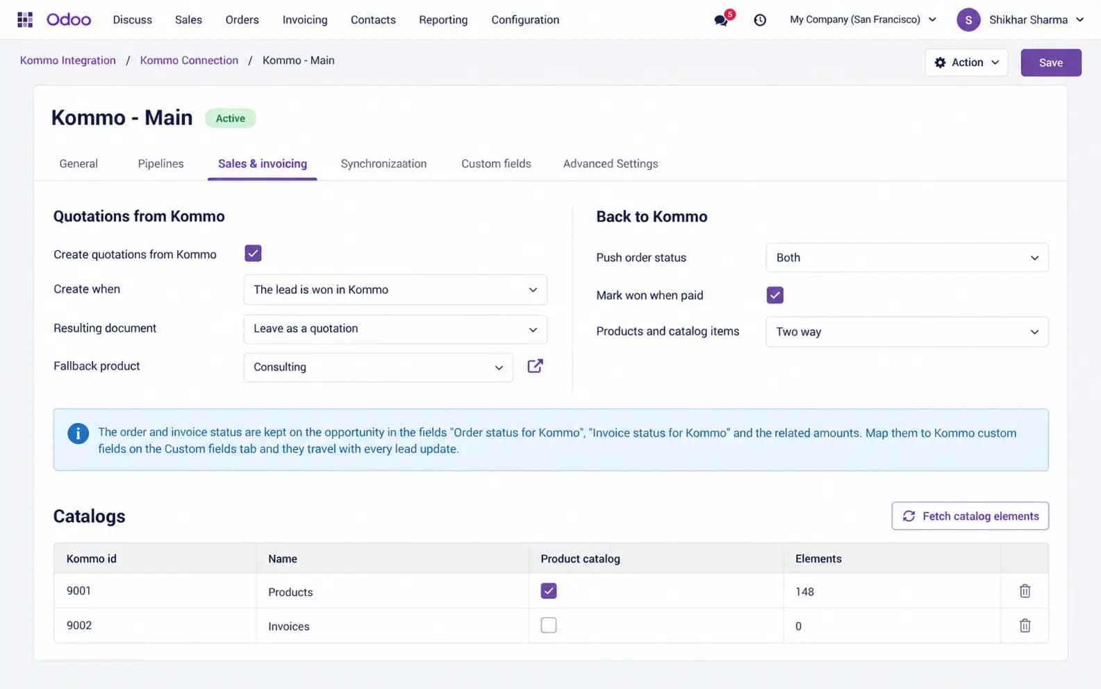 Sales and invoicing settings — quotations from Kommo and catalog mapping