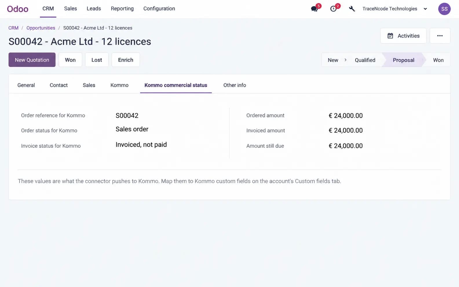 Kommo commercial status on the opportunity — order, invoice and amounts