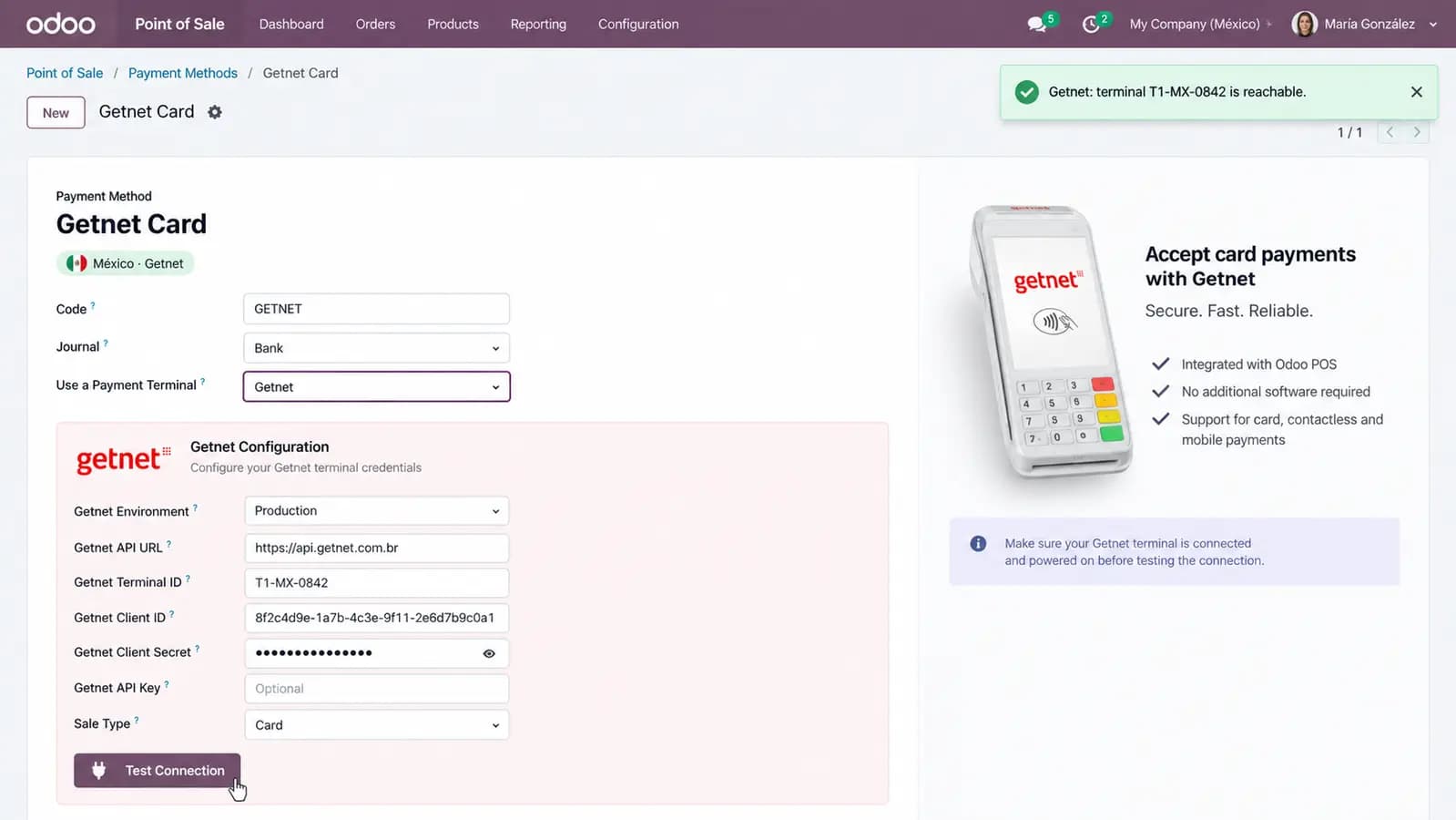 Odoo payment method form for Getnet Card — environment, terminal ID, credentials, Sale Type, and Test Connection