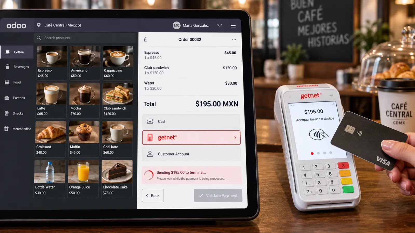 Odoo POS at a Mexican café sending $195.00 MXN to a Getnet terminal while the customer taps a card