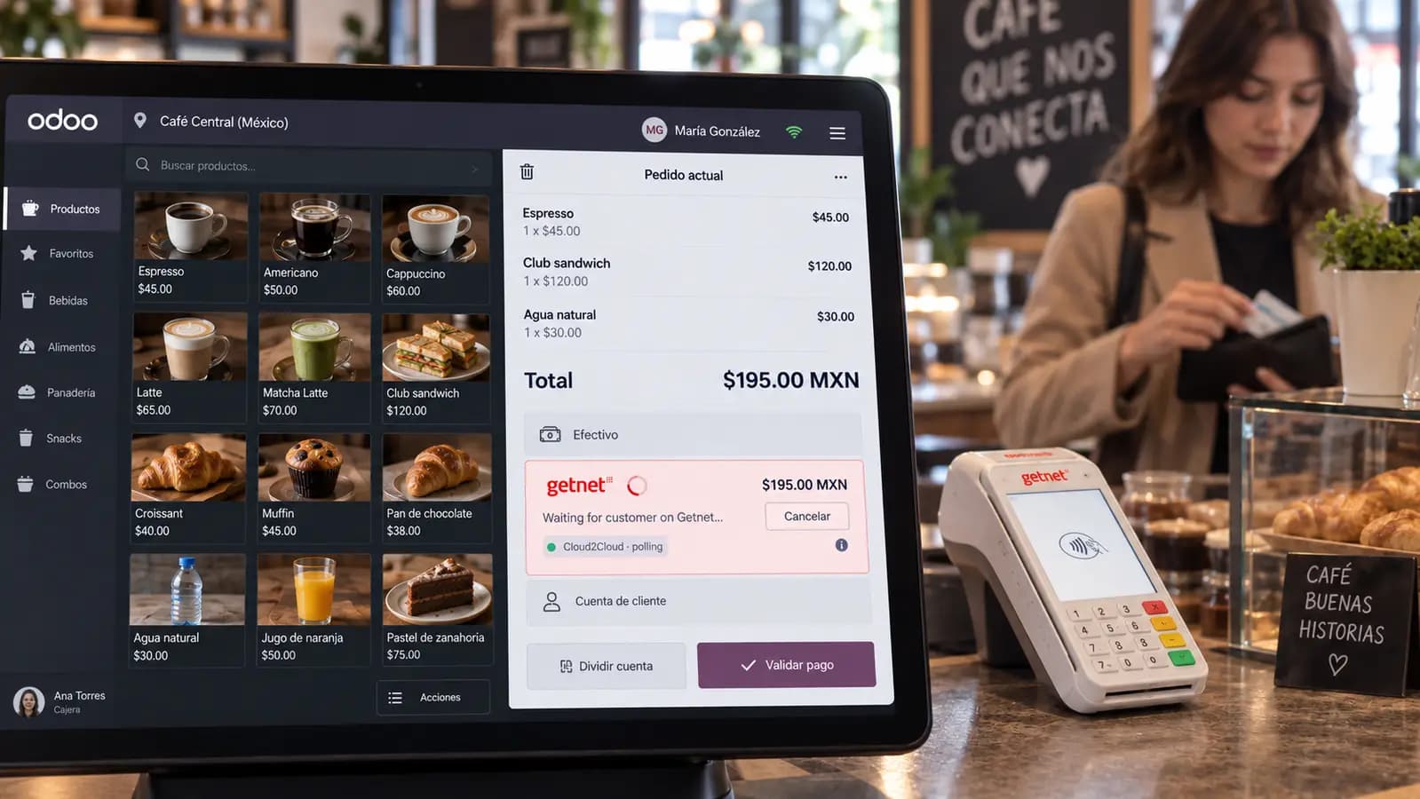 Odoo POS waiting for the customer on Getnet while the terminal stays ready — Cloud2Cloud polling, Cancel available