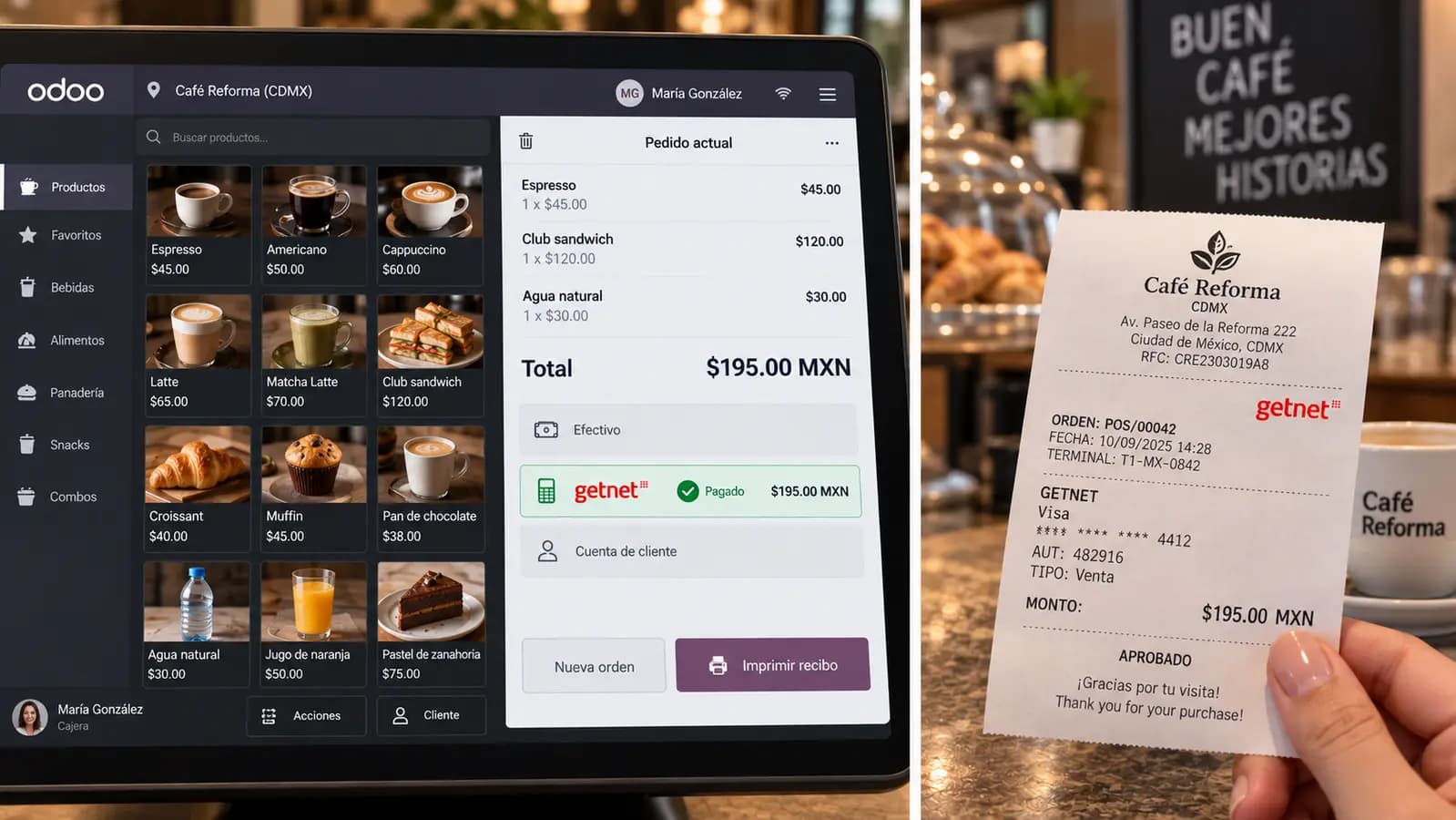 Getnet payment marked paid in Odoo POS with a receipt showing Visa, masked PAN, and authorization code