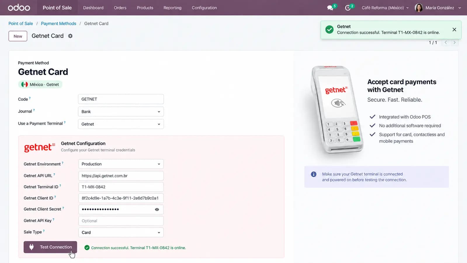Test Connection success on the Getnet payment method — terminal T1-MX-0842 is online