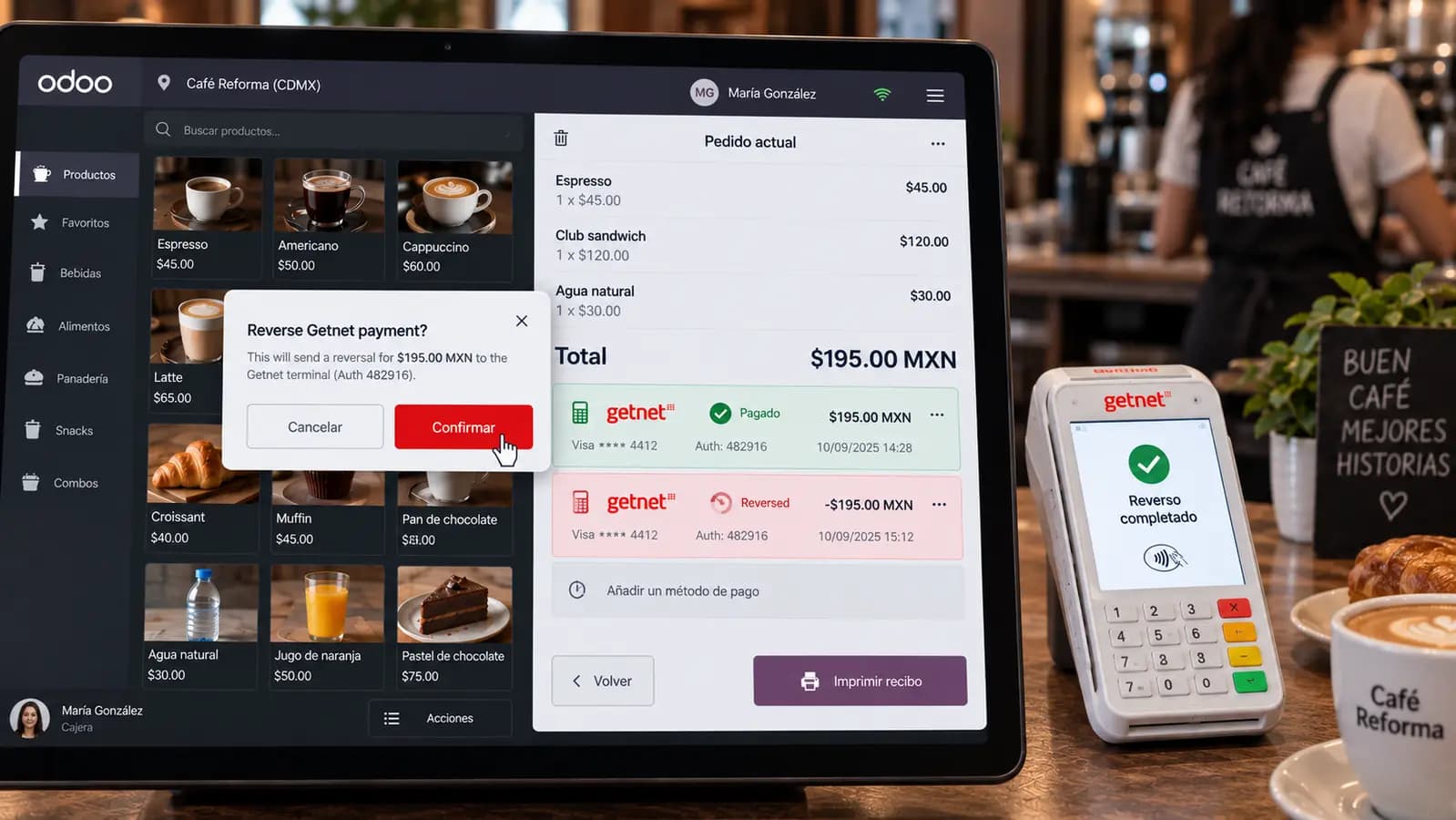 Reverse Getnet payment dialog in Odoo POS with a reversed line and Reverso completado on the terminal