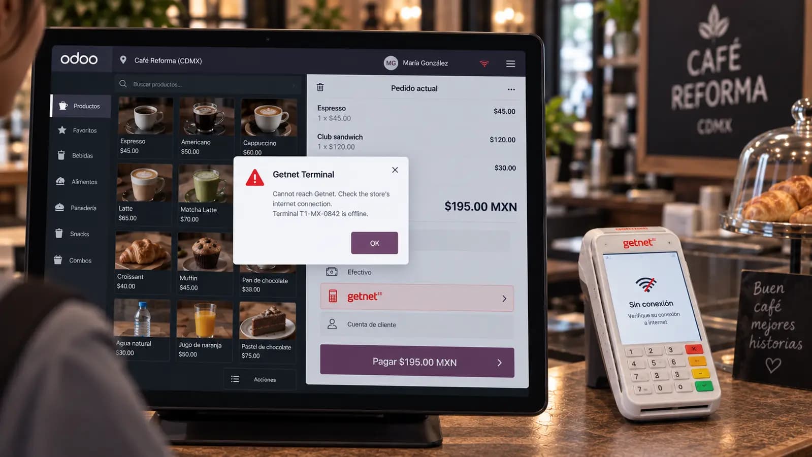 Getnet Terminal unreachable alert in Odoo POS when the store connection is down