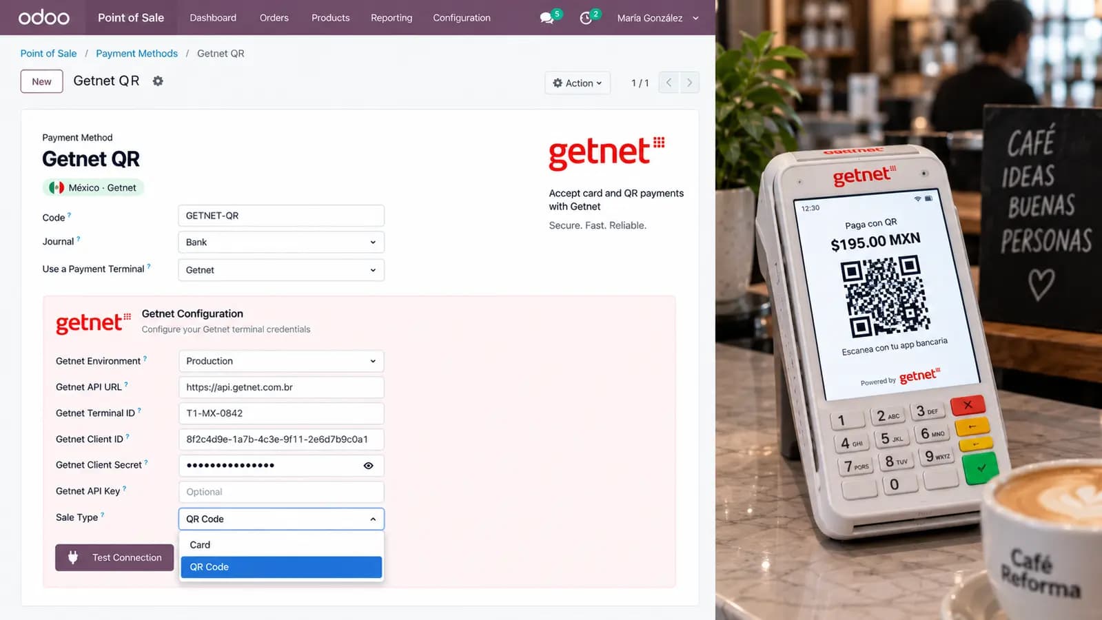Getnet Sale Type set to QR Code on the payment method, with a QR amount on the terminal