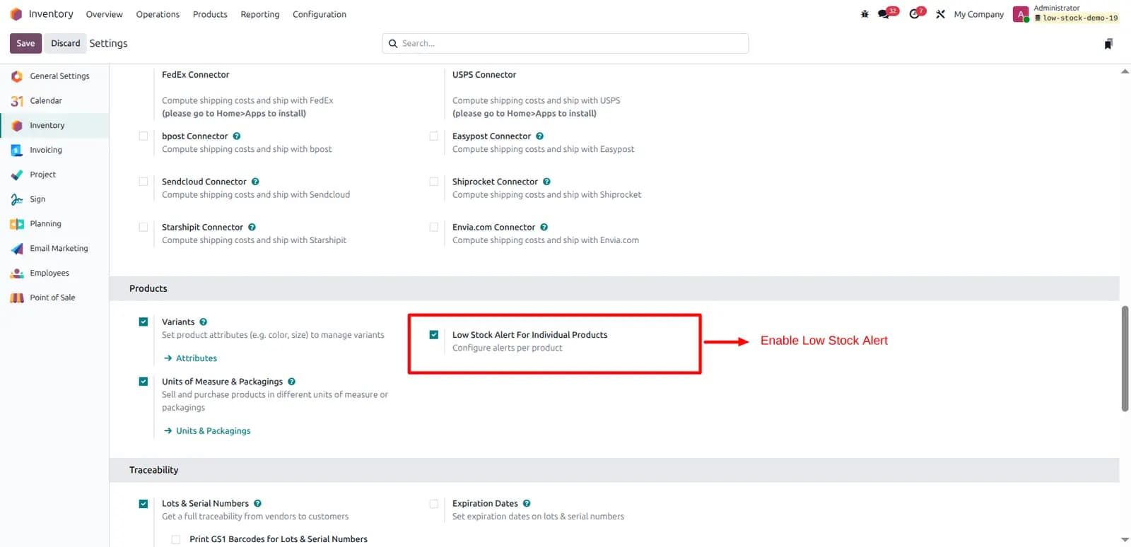 Product variant — stock alert rules by location