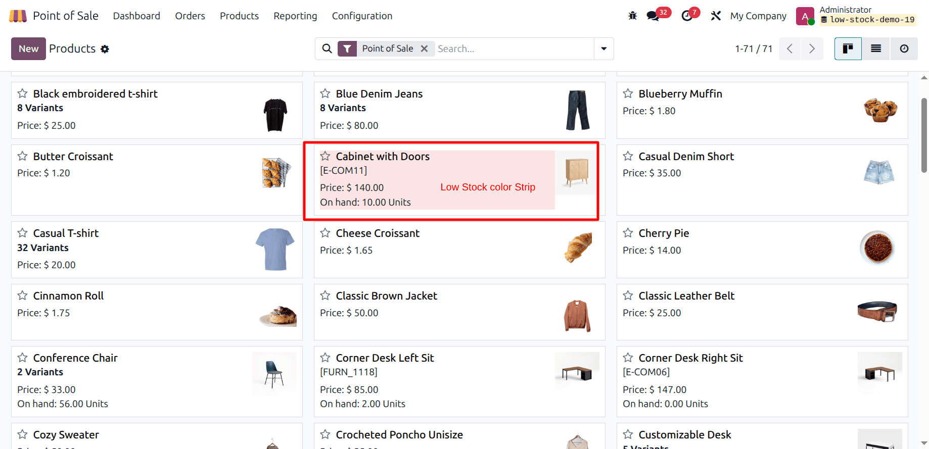 Backend product view with stock alert state
