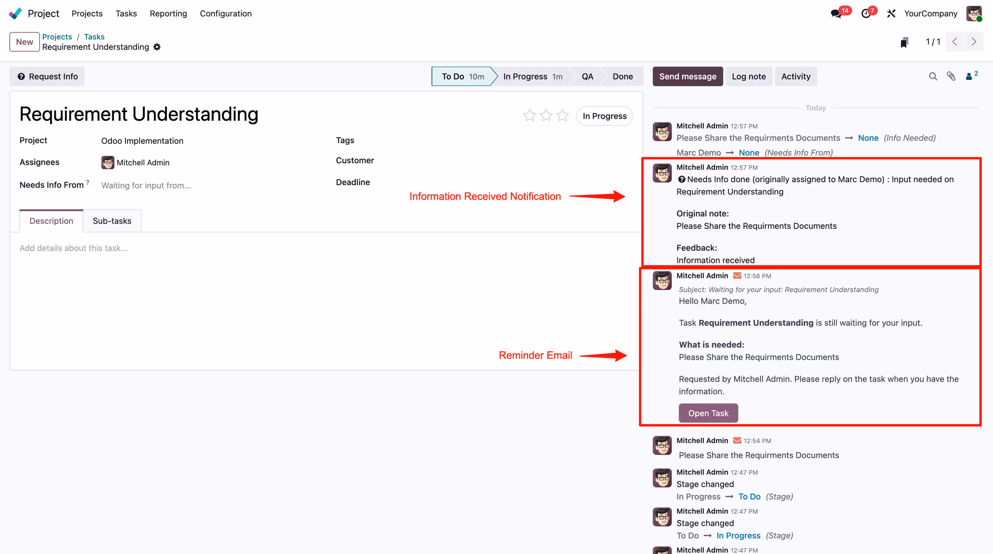 Needs Info notifications and chatter reminders
