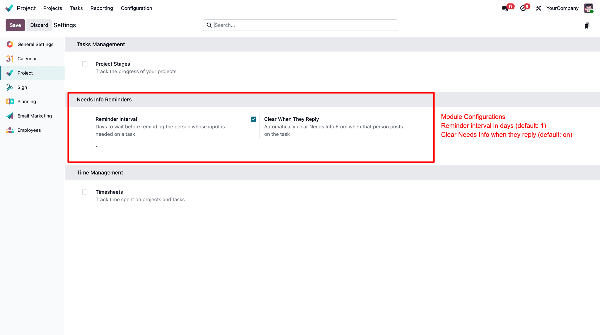 Project settings for reminder interval and auto-clear on reply