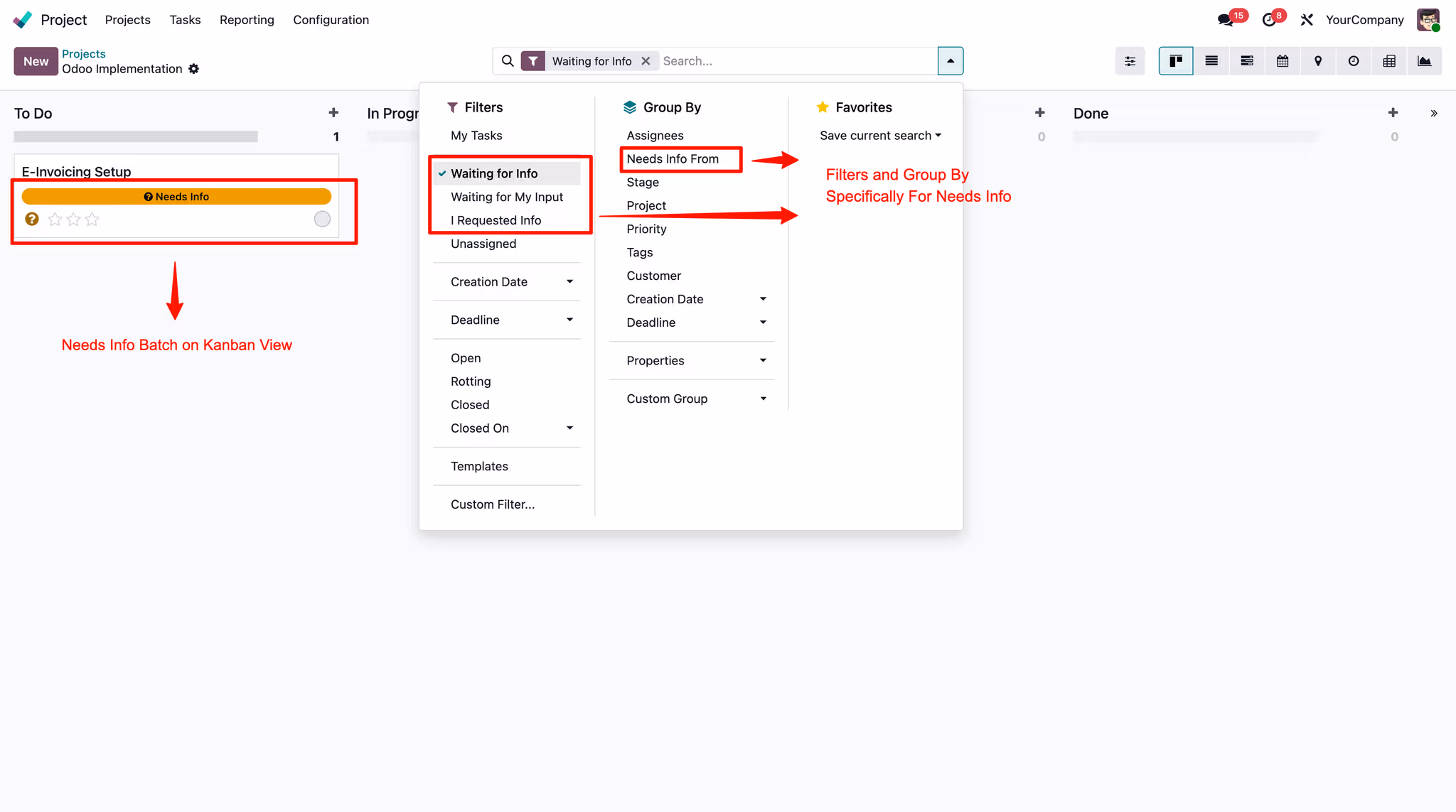 Search filters for Waiting for Info, Waiting for My Input, and I Requested Info